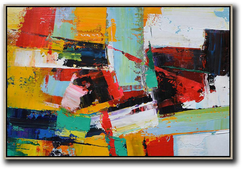 Contemporary Abstract Painting,Horizontal Palette Knife Contemporary Art,Original Art,Yellow,Red,White,Blue.etc